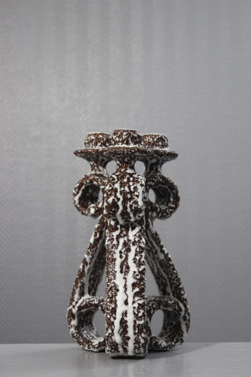 Marius Giuge à Vallauris - Large 3-light candlestick 1960s Brutalist ceramics