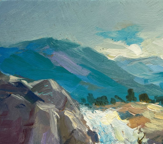 Image 1 of Original Oil Painting Summer Mountains Landscape There is a waterfall in the mountains