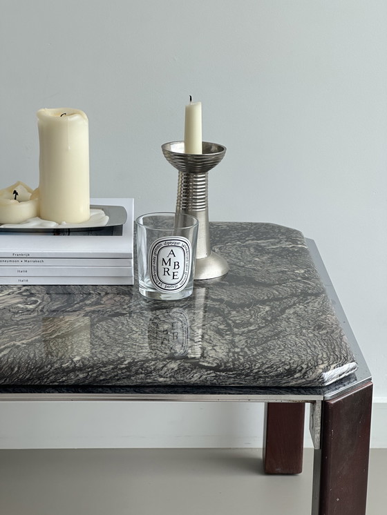Image 1 of Table basse vintage en marbre métal chrome bois carré 70's