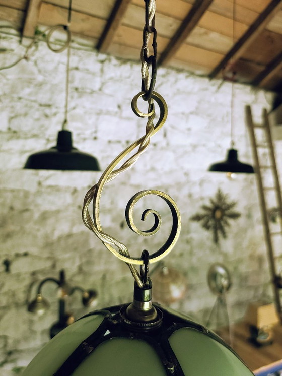 Image 1 of Lampada a sospensione floreale blu/verde in pâte de verre art nouveau