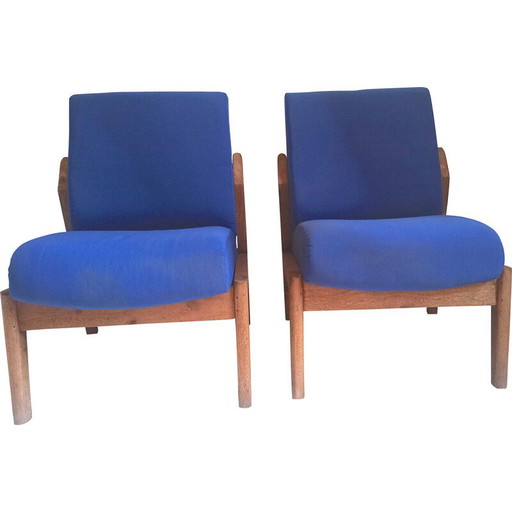 Coppia di poltrone vintage in teak massello e tessuto blu, 1950