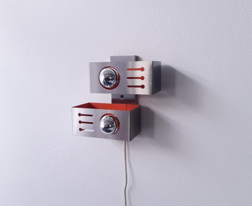 Space age zilver oranje vintage metalen wandlamp, 70s lamp