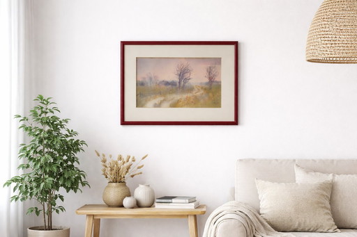 Vintage Signed French Countryside Watercolor | Rural Path & Bare Trees | JK, 1997