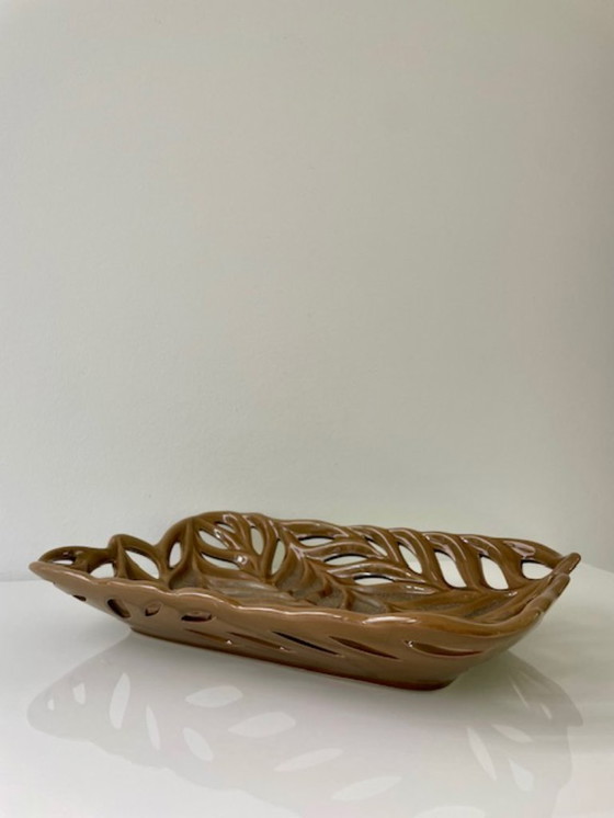 Image 1 of Rare bol vintage en céramique avec tissage organique - 32.5 x 22 cm