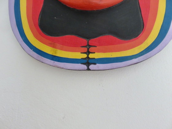 Image 1 of Masque aztèque « Laurel Burch », maya, bois peint à la main, pop art, 1980