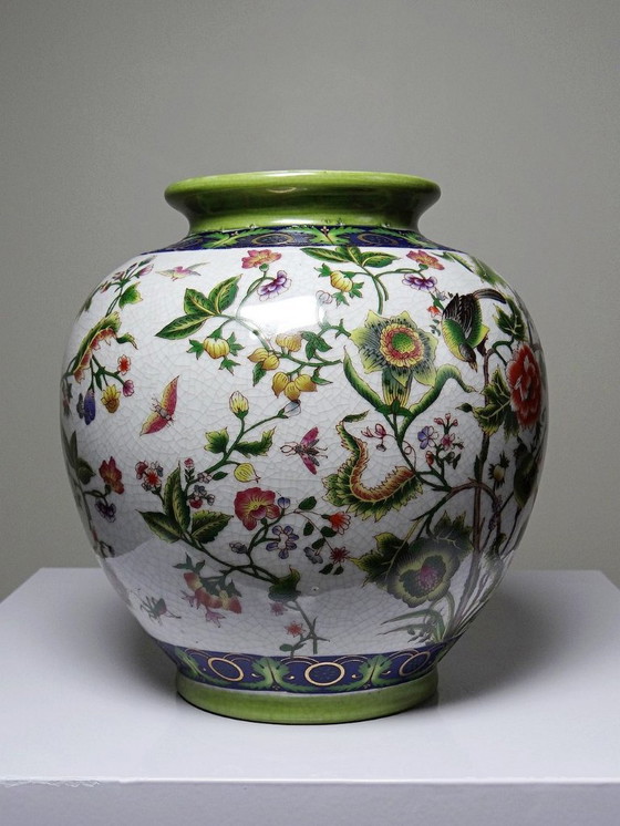 Image 1 of Vase boule faïence craquelé chinoiserie vintage années 60-80