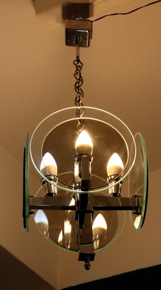 Image 1 of Lustre Vintage Art Déco en métal chromé et verre, Italie, années 1970