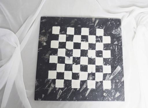 Handpainted Fossil Marble Chess Board, Vintage 1970s Cheese Charcuterie Tray, Black White Checkered Orthoceras Decor Gift