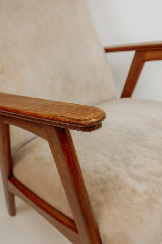 Image 1 of Fauteuil vintage en teck, années 1960 - Revêtement beige