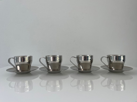 Image 1 of Set of 4 stainless steel espresso cups with saucers