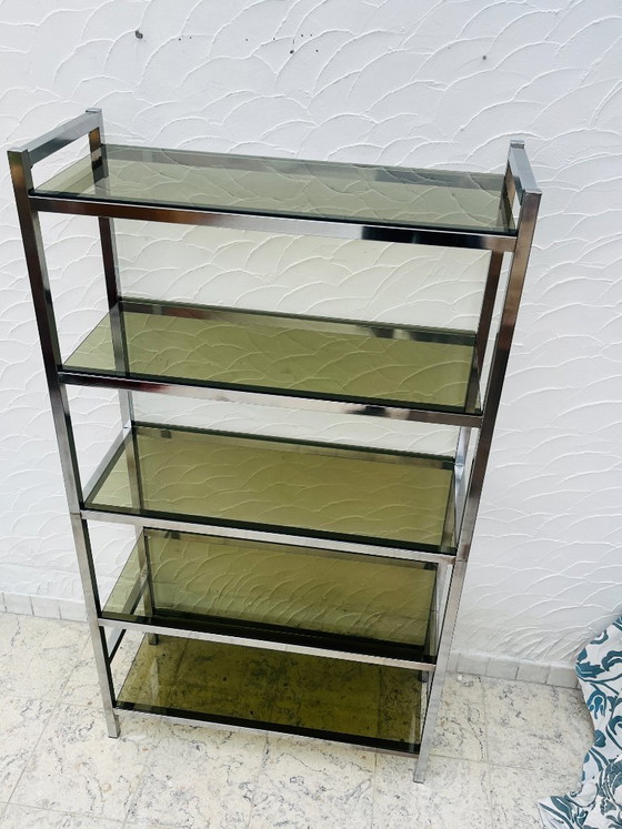 Image 1 of Mensola vintage di design italiano in cromo e vetro fumé degli anni '70.
