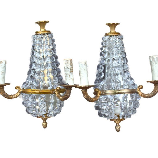 Antique set of 2 gilded brass sconces with crystal cutted drops romantic home decor from France