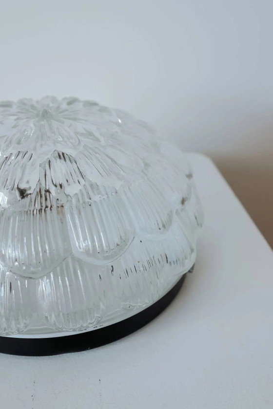 Vintage round glass ceiling light in the shape of a flower, 1970s., Crystal, Metal, Transparent (photo 4 of 8)