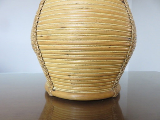 XXL lamp in the style of Gabriella Crespi, rattan, leather and wood, 60s-70s