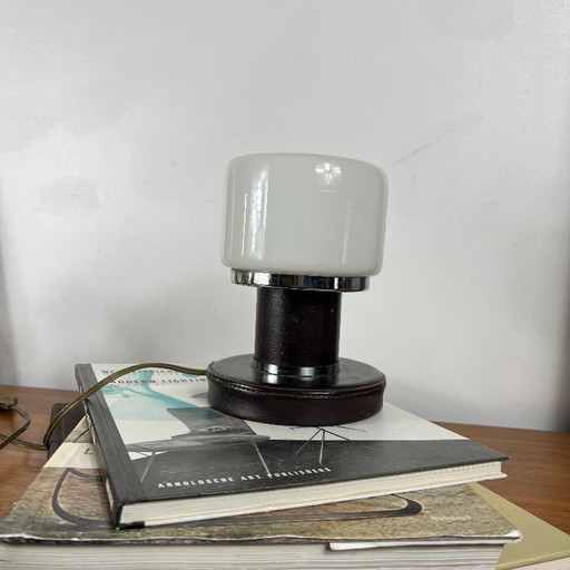 Small Opaline Glass Globe Table Lamp with Leather-Wrapped Base