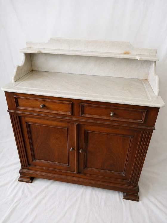 Antike Holzmöbel mit weißer Marmorplatte – Schminktisch, Konsolentisch, Waschtisch – Kommoden, Wood, Marble (photo 3 of 5)