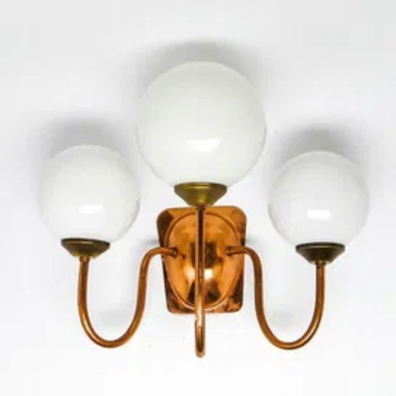 Dreiarmige Wandleuchte aus poliertem Kupfer, 1970er Jahre, Wandleuchten, Glas, Messing, Braun (Foto 5 von 7)