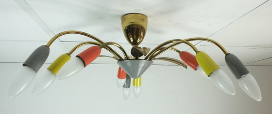 Image 1 of schöne 1950er Mitte Jahrhundert Sputnik Spinne 9-Licht Deckenleuchte Kronleuchter Messing Metall Mitte Jahrhundert stilnovo