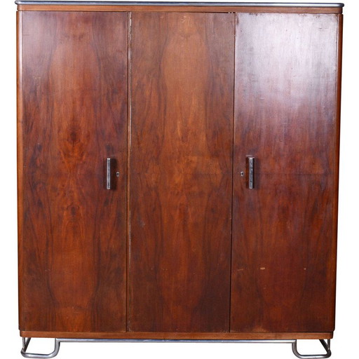 Armoire vintage Bauhaus en noyer et chrome par Hynek Gottwald, Tchécoslovaquie 1930