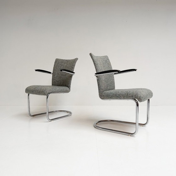 Set di 2 sedie a struttura tubolare Dutch Design De Wit, anni '50, Toon de Wit, Poltrone, Cromo, Tessile (foto 2 di 15)