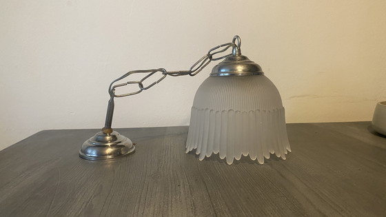 Antique Art Deco Holophane Style Pendant Lamp | Prismatic Pressed Glass Skirt Model (1920s/1930s) – Metal (photo 3 of 7)