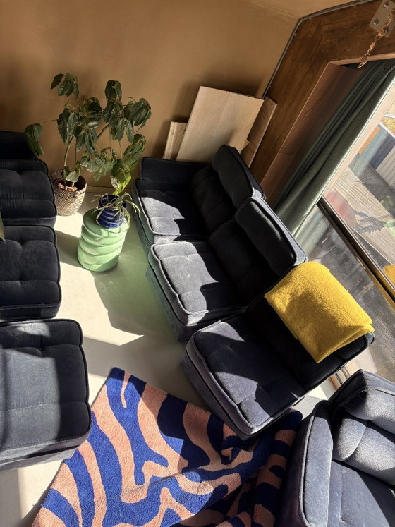 Image 1 of Canapé modulable Hukla 6 pièces avec fauteuil assorti, velours bleu années 70