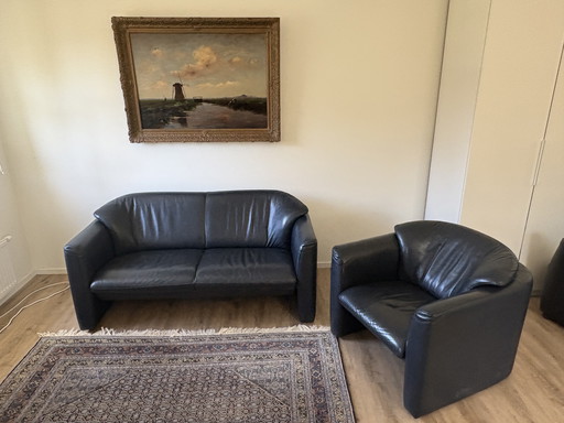Leolux Tweezitsbank en Fauteuil Blauw Leer
