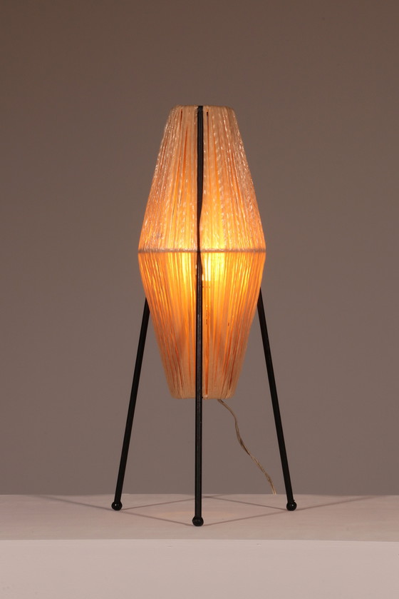 Image 1 of Charming 1960s French Tripod Table Lamp with Woven Sisal