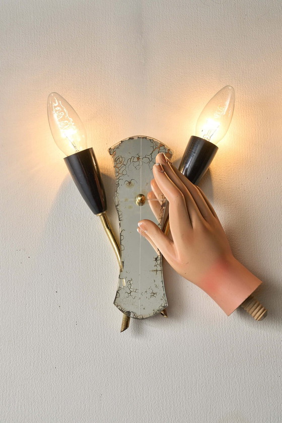 Brass and Mirrored Glass Wall Lamp, 1950s, Wall lights, Plastic, Black, Mid Century Modern (photo 8 of 14)