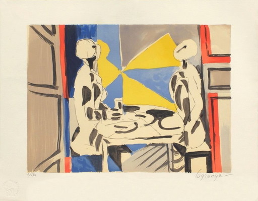 Jacques LAGRANGE Due figure a un tavolo Litografia firmata