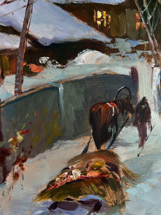 Image 1 of Original Oil Painting Snow Village Landscape Home on a winter evening