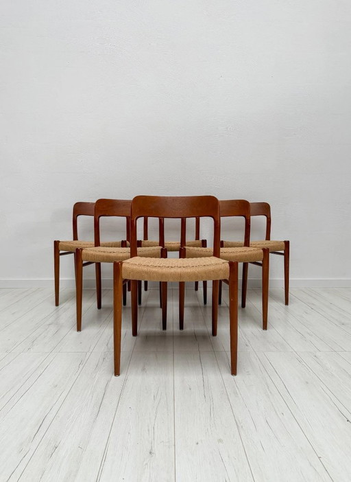 Set mit 6 Vintage-Esszimmerstühlen Nr. 75 aus Teakholz von Niels O. Møller für J.L. Møllers Møbelfabrik, dänisches Design, 1950e