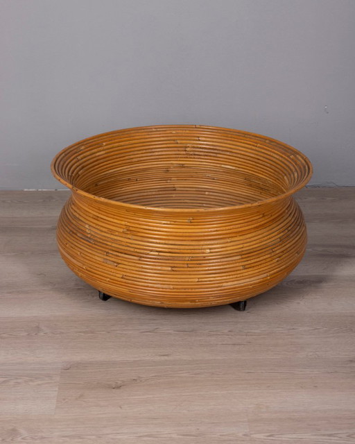 Vintage 1960s Italian-design bamboo plant pot with wheels