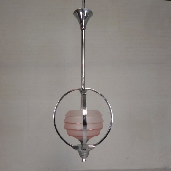 Image 1 of Art Deco pendant lamp with glass shade in a chrome frame, 1930s