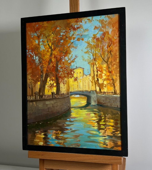 Pintura al óleo original Paisaje urbano otoñal Escalones en el puente de otoño