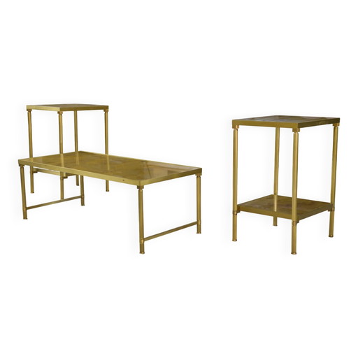 Ensemble de tables basses néo-classiques avec 2 tables d'appoint, verre miroir, années 1980.
