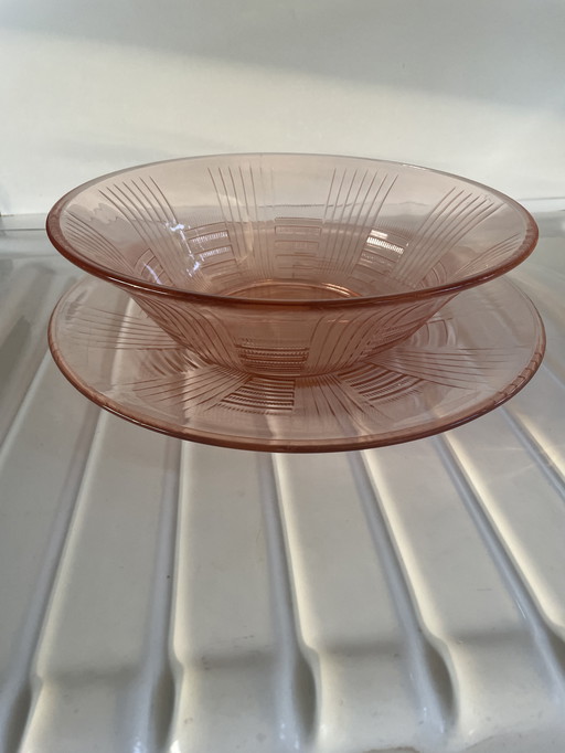 Bowl + plate Glass Luxval Belgian Art Deco 1930s