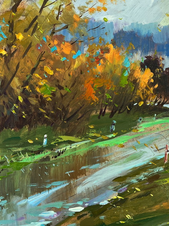 Image 1 of Peinture à l'huile originale représentant un paysage naturel, une route et un temps d'automne en forêt.