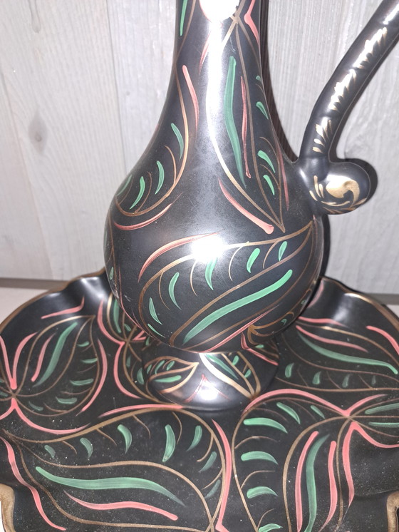 Image 1 of vintage Belgian hand-painted vase by Hubert Bequet from Quaregnon with wall plate