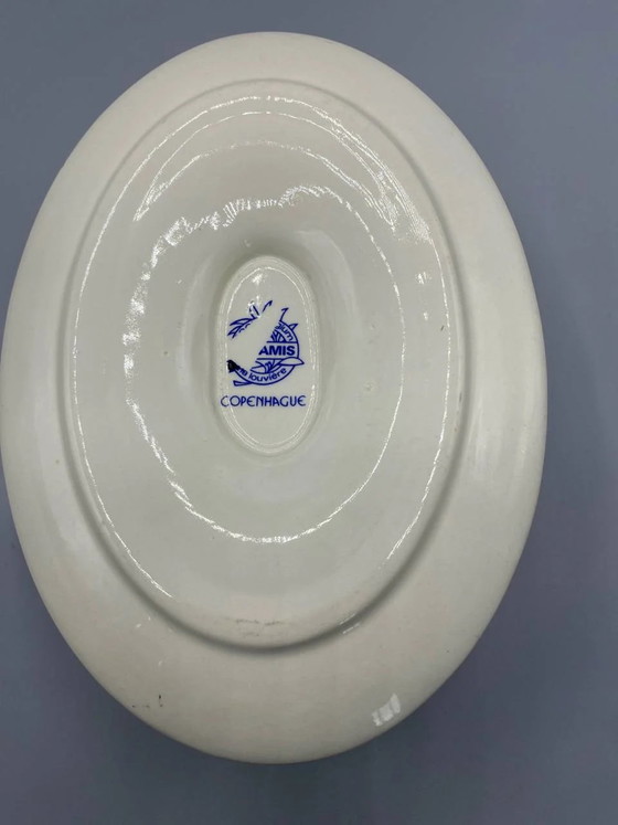 Faience sauceboat Amis La Louvière, Copenhagen decor, with original integral stand – Crockery, Scandinavian (photo 4 of 6)