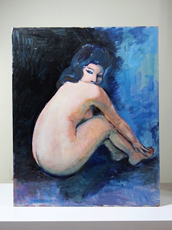 Image 1 of Large painting of a nude woman from behind, modern oil on panel, vintage style