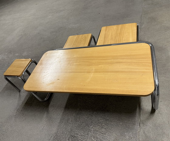 Image 1 of Set of 4 70s metal and solid oak nesting tables
