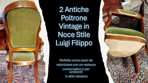 Coppia di Antiche Poltrone in Legno Noce, Stile Luigi Filippo, Linee Eleganti, Schienale Sagomato e Struttura in Legno