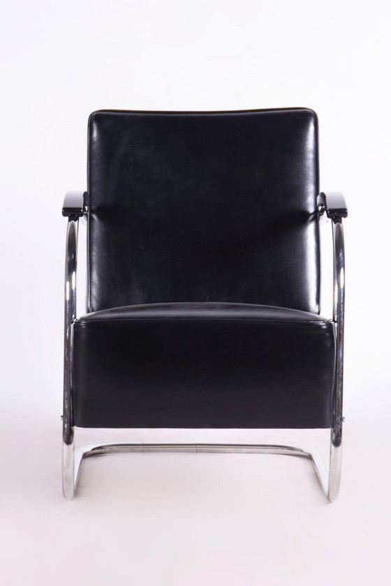 Set di sedute Bauhaus restaurato, di Mücke-Melder, cromo, pelle, ceco, anni '30, Zona salotto, Legno, Nero (foto 2 di 17)