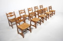 Set of 10 brutalist “Razor” chairs made from oak with rush seating, The Netherlands 1970s
