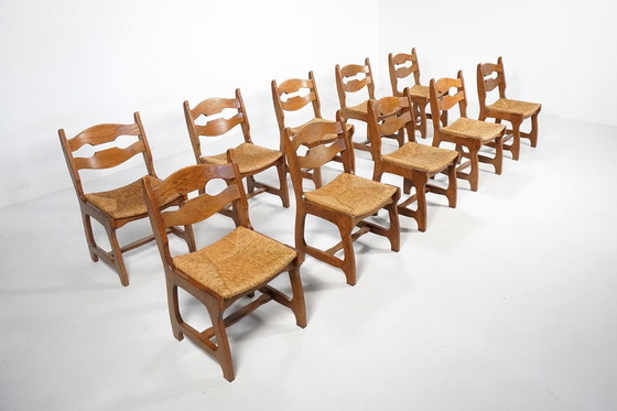Image 1 of Set di 10 sedie brutaliste "Razor" in rovere con seduta in giunco, Paesi Bassi, anni '70