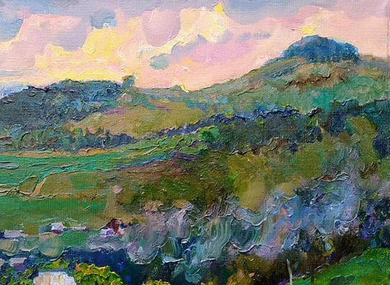 Pintura al óleo original Paisaje Naturaleza Pueblo Atardecer en las montañas – Pinturas y dibujos, Canvas (photo 3 of 5)
