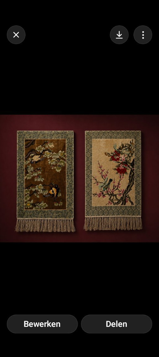 Set of 2 hand-knotted Chinese tapestries – 1970s – bird & blossom motif