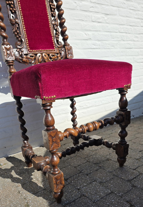 Image 1 of Splendido set di 6 sedie antiche neorinascimentali (stile Mechelen) - Ricche intagliature e velluto