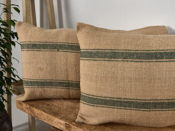 Antique green-striped linen pillow - Dimensiones: 30x50-2, Rustic (photo 6 of 7)